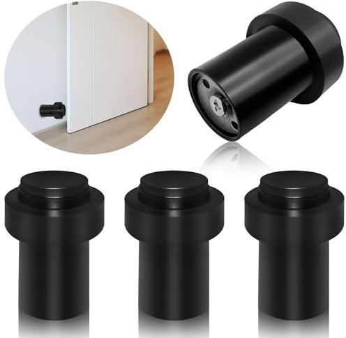 Abaigeal 4 Pack Door Stops Black, Floor Mounted Door Stopper with Rubber Bumper, 60MM Door Stop Heavy Duty Doorstop Stainless Steel Door Stops Bumper Wall Protector Floor Door Stopper for Skirtings