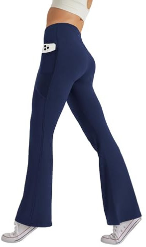 Glacspyg Damen Hose mit Taschen Yogahose Freizeit Jogginghose High Waist Sporthose Elastische Weite Bootcut Jazzpants Marineblau S