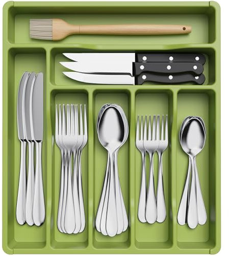 Lifewit Besteckkasten für Schubladen, Besteck Organizer Schublade Organizer Küche Kompakt Besteckeinsatz Utensilienhalter für Schublade aus Kunststoff für Löffel, Gabeln, 7 Fächern, Grün