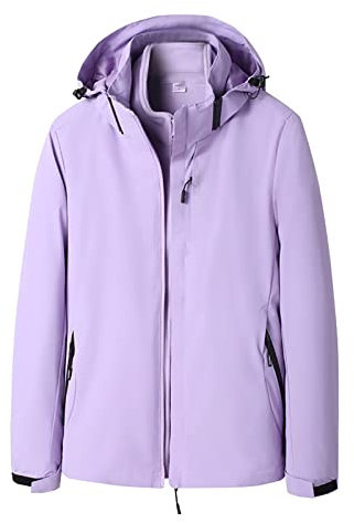 BOTCAM Giacca da sci invernale da donna, 3 in 1, impermeabile, antivento, calda, funzionale, in softshell, con cappuccio rimovibile, giacca invernale per le mezze stagioni, Lilla 1, XL
