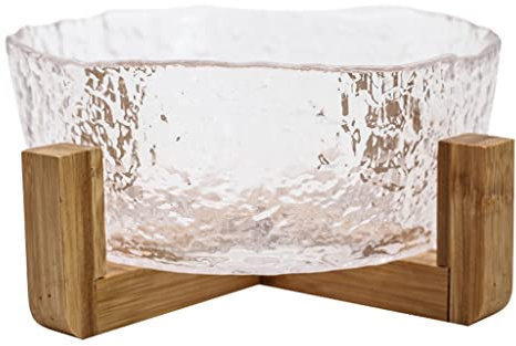 Saladier Saladier Verre Transparent Marteau Motif Maison Légumes Fruits Dessert Bol Cristal Saladier avec Support en Bois Bol à Salade Extra Large(A2pc)