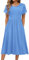 Hotouch Sommerkleid Damen Strandkleid Einfarbig Midikleid Freizeitkleid Rundhals Kurzarm Shirt Kleid mit Tasche Sommer Elegant Blusenkleid Hellblau M