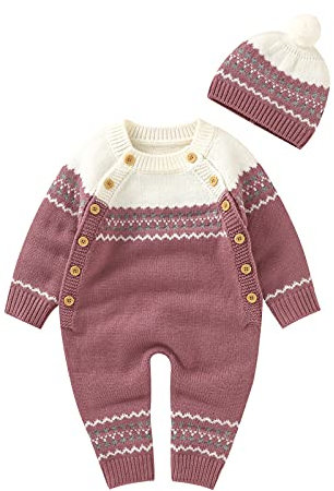 Strampler Baby Mütze Outfits Overall Pullover gestrickt Mädchen Set Baumwolle Strampler & Overall Baby Taufe (Pink, 12-18 Months)