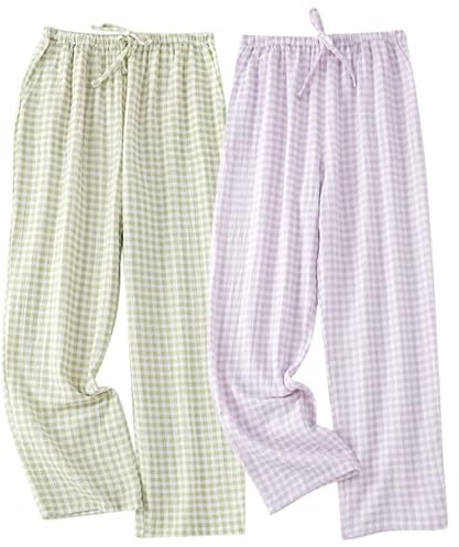 STMAHER 2-Pack Frauen Baumwolle Pyjama Bottoms Leichte Schlaf-Lounge Hosen Plaid Nachtwäsche Lange Pj Hosen Mit Tasche