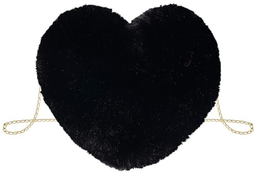 TAXTYHRE Plüsch Umhängetasche, Herz Plüsch Tasche, Niedlich Flauschige Crossbody Tasche, Plüsch Tasche Damen Mädchen, für Täglich Outdoor Reisen Valentinstag Geburtstag Geschenk(Schwarz)