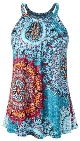 Vislivin Womens Tank Tops with Built in Bra Halter Neck Vest Tops Loose Fitting Camisole S-XXXL Blue Flower-XL