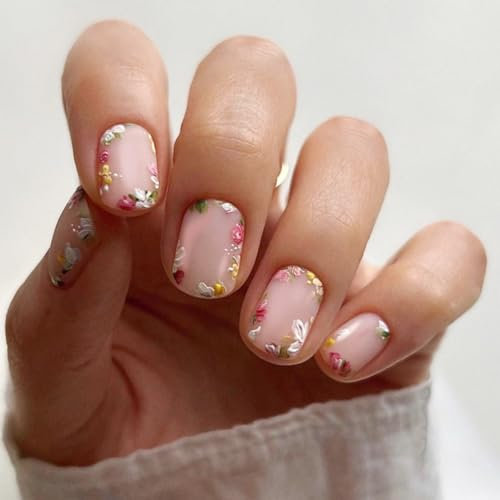 French False Nails With Floral Design, SXVME Acrylic Press on Nails Short Square Little Flowers Full Cover Spring Nude Fake Nails Press on, Natural Glue on Nails for Women in 24 Pcs