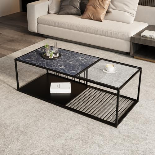 Azkoeesy Mesa de centro de 110 x 48 x 35 cm, tablero de cristal y efecto mármol, protección del suelo, mesa de café de hierro forjado, mesa de salón, color negro