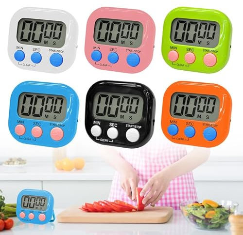 Lot de 6 chronomètres magnétiques : WIYETY Minuteur de Cuisine numérique 6 Couleurs avec Horloge et Grand écran LCD Silencieux pour Cuisines, Bureaux, Sports (Piles Non incluses)