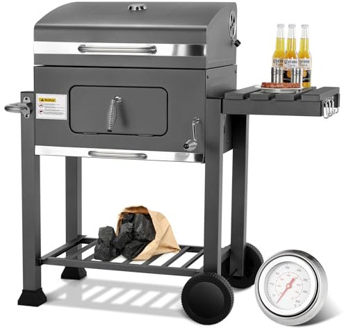 Barbecue Charbon de Bois, Barbecues à Charbon Grande Taille, BBQ Smoker, Grill XXL à Charbon de Bois avec Couvercle, Thermomètre et Roues, Barbecue Fumoir, Chariot à Barbecue, 124x56x140cm, Gris