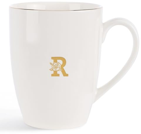 VINCOMIC Monogram Ceramic Mugs,Golden Initial Coffee Cups, Elegant Alphabet Tea Mugs, Elegant Personalized Letter R Mug,12 oz Cups for Office and Home