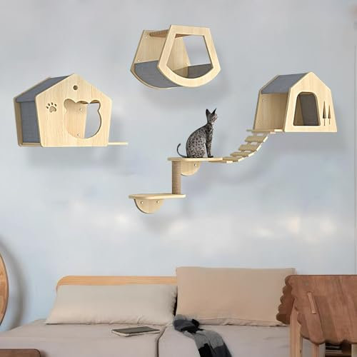 KEJIAWU Kletterwand Katzen Holz, Katzen Kletterwand, Katzenregale und Sitzstangen for die Wand, Verdickte Platte ist Robust und Langlebig, Schlafen und Spielen(5PCS)