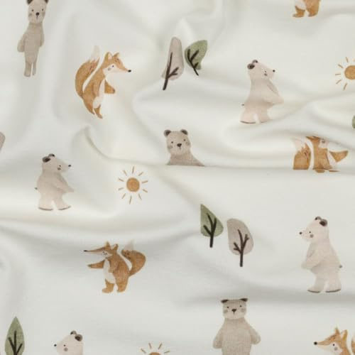 Jersey Stoff | Ökotex | Motive für Jungen | ab 50 cm | zum Nähen von Baby- und Kinderkleidung (Forest Animals, weiß)