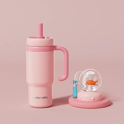 Edelstahl Walbrunnen Tumbler mit Griff - Zwei Deckel, auslaufsicher, spülmaschinenfest, niedlich & perfekt für Kinder, Jugendliche und Erwachsene Walbecher 710ml Trinkbecher mit Walspritzer (Rosa)