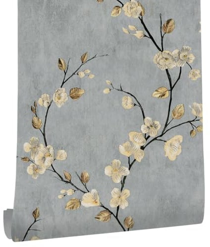 Grey Floral Wallpaper, 44.5 x 500 cm Floral Self Adhesive Wallpaper Beige Flower Leaf Plants Peel and Stick Wall paper Boho Self Adhesive Furniture Wrap for Living Room,Bathroom,Drawer,Cabinets