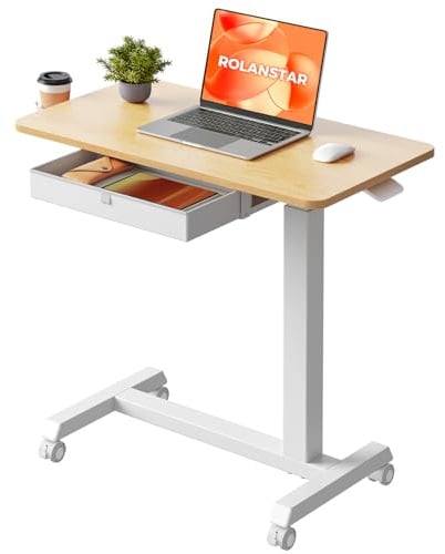 Rolanstar Overbed Table with Wheels, Small Standing Desk with Drawer, 68x40cm Height Adjustable Sit Stand Desk, Cup Holders & Lockable Castors, Sofa Side Table for Bedroom Living Room Office,Beige