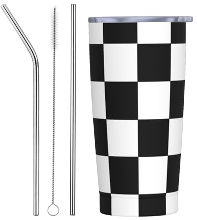 asbwuo Mug de voyage isotherme en acier inoxydable noir et blanc à carreaux, avec couvercle étanche, double paroi isolante, pailles compatibles et brosse de nettoyage.
