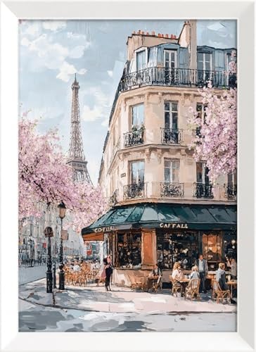 STYLER Wandbild Corner Café 50 x 70 cm – Pariser Straßencafé mit Eiffelturm – Gerahmtes Bild in Blau Beige Rosa auf MDF