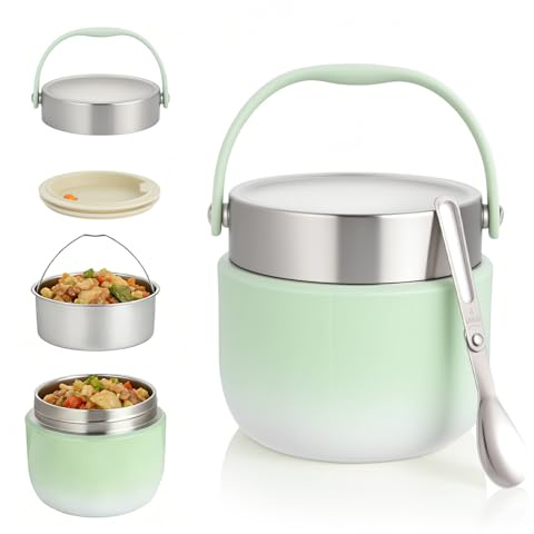 OTraki Termos per Alimenti 1200ml Contenitore Portapranzo Termico Cibo Caldi con Cucchiaio Pieghevole, Thermos Pappa Acciaio Inossidabile per Conservare Porridge, Zuppa, Frutta e Pranzi (Verde)