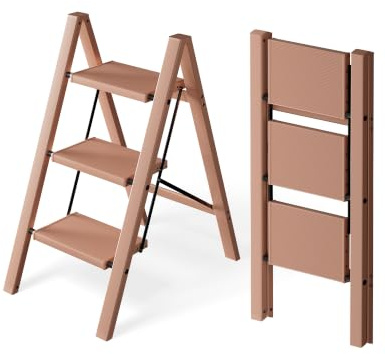 Attestierer Échelle Pliable 3 Marches, Tabouret Escalier Aluminium | Capacité 150 Kg, Échelle Pieds Antidérapants & Larges Marches, Usage Intérieur-Extérieur, Minimaliste, Rose