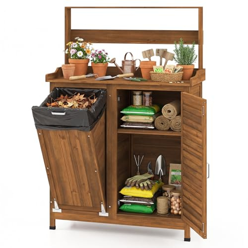 COSTWAY Pflanztisch Outdoor wetterfest, Gärtnertisch Holz, Blumentisch mit Unterschrank, Abfalleimer & verstellbarem Regal, Gärtnertisch für Garten Terrasse Hof, 102 x 43,5 x 152 cm, Natur