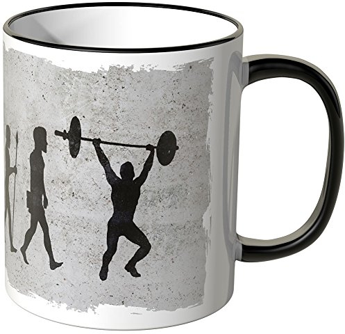 JUNIWORDS Tasse - Wähle Motiv & Farbe - Evolution Gewichtheben - Schwarz