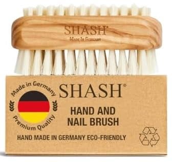 SHASH Handmade in Germany since 1869 Natural 100% Nail Brush Made from Boar Bristles | Removes Dirt, Exfoliates for Soft Hands - Clean Smooth Texture - Olive Wood