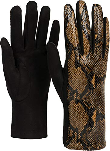styleBREAKER Damen Handschuhe mit glänzender Schlangen Optik und Fleece Futter, Fingerhandschuhe, Winter 09010023, Farbe:Braun-Schwarz