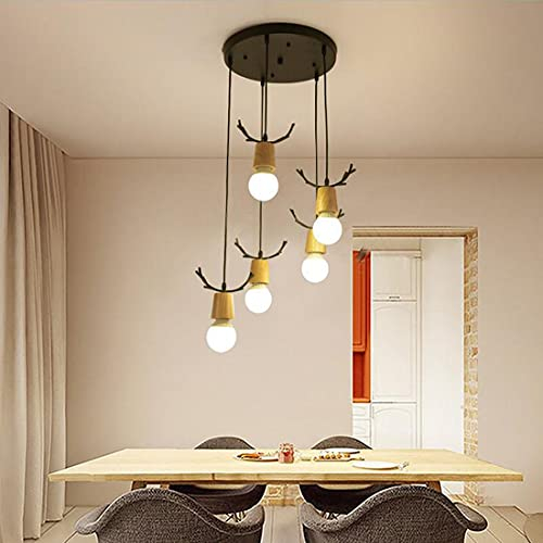 SAIVITT Kronleuchter Pendelleuchte Vintage Holz LED Jahrgang Esszimmer Esstisch Leuchte Büro Küchen Bar Wohnzimmer Hängelampe Modern Kunst Decke Beleuchtung 5-flammig E27 Lampe Ø35cm (Schwarz)