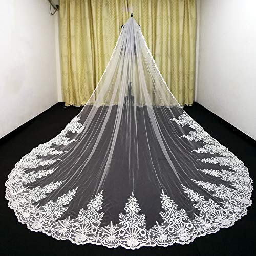 Schleier Braut 3M Brautschleier mit Spitze Applique Kante Lange Kathedrale Länge Schleier Eine Schicht Tulle nach Maß Brautschleier Schleier (Color : White, Item Length : 350cm)