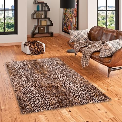 Kunstfaser Teppich Wohnzimmer Luxus Super Soft Fellteppich Pearl Leopard Beige Braun in 5 Größen