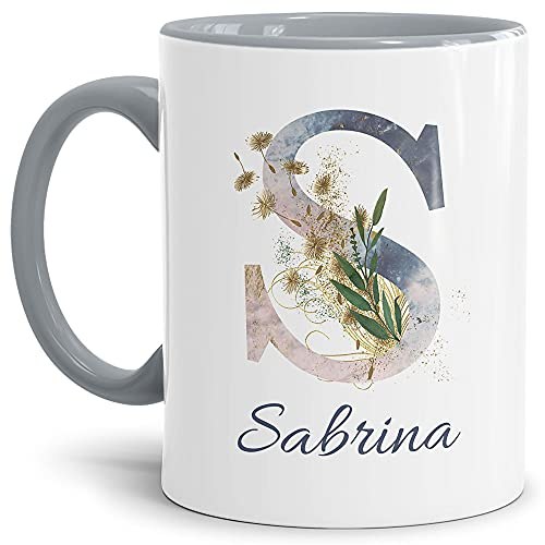 Tasse mit Buchstabe S und Blumen - mit Name personalisiert - Initiale, Namens-Tasse, Buchstaben Tasse, Geschenk I Keramik Innen & Henkel Grau, 300 ml