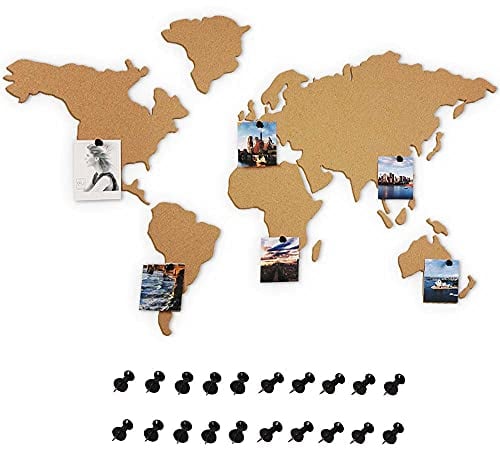 BAKAJI Puzzle Weltkarte Globus aus Kork Wandtattoo mit 20 Reißzwecken Landkarte Reise Geographie Dekoration Haus Größe 150 x 80 cm Modernes Design