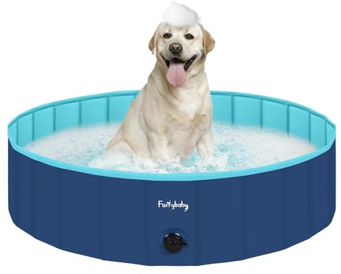 furrybaby Dog Paddling Pool for Dogs, Foldable Dog Pool for large dogs, Puppy Pool for Gardens with PVC, Non-Slip Base & Drain Plug, Navy Blue, 120 x 30 cm