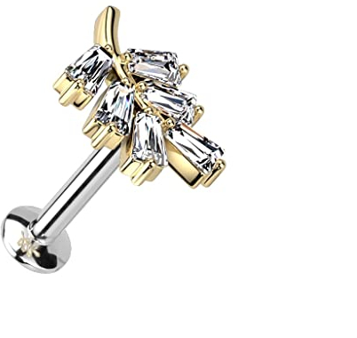 Paula & Fritz® Push-In Labret Piercing Blatt Gold Zirkonia Klar Chirurgenstahl 316L Set 6-mm Stab-Länge Madonna Medusa Ohr-Stecker Labret Stud Helix