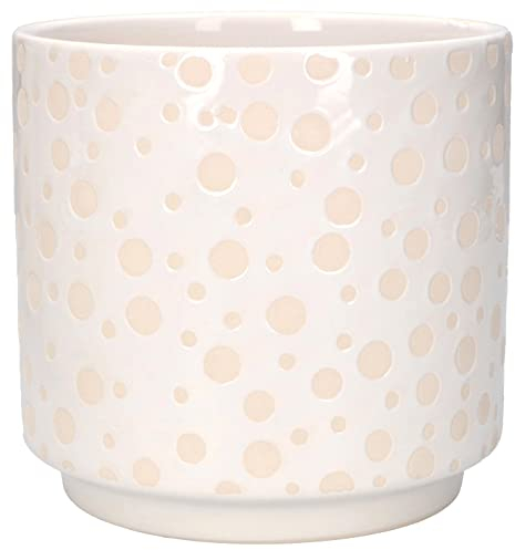 KOTARBAU® Maceta cilíndrica de cerámica esmaltada, Ø12 cm, Tiesto Decorativo para Flores y Plantas, Macetero Redondo para Interiores, Diseño Minimalista, Blanco, Acabado Brillante, Patrón Lunares