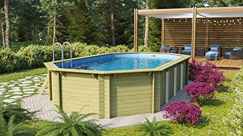 CHILLROI® Achteckiger Holzpool länglich, 657,5 x 357,5 x 124 cm, Modell 5A Inkl. Zubehör und Pool Leitern