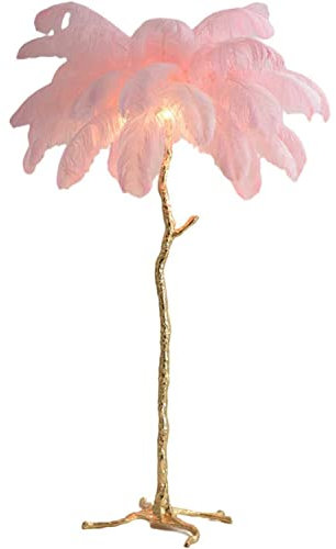 Psfghvz Natural Ostrich Feather Floor Lamp, Resin Feather Standing Lamp, Simple Modern Bedroom and Living Room Standing Lamp, Golden Lamp Body, Dimmable with E14 LED Bulb, Pink, 120cm