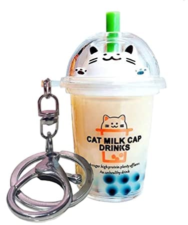 KUPOOL Milk Tea Keychain Creative Cat Bubble Tea Key Chain Mini Lifelike Simulation Milk Tea Quicksand Key Ring Cute Car Key Chain Pendant Bag DIY Charms Jewelry Accessories Enamel