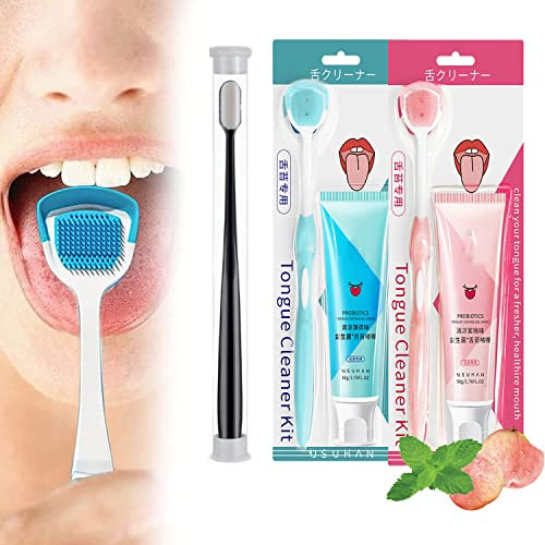 Oral Hygiene Brush & Tongue Cleansing Gel, 2023 New Probiotic Tongue Cleaning Gel Set, Tongue Cleaning Gel, Tongue Scraper Precise Cleaning Brush Kit, Tongue Cleaning Paste (Mint+Peaches)