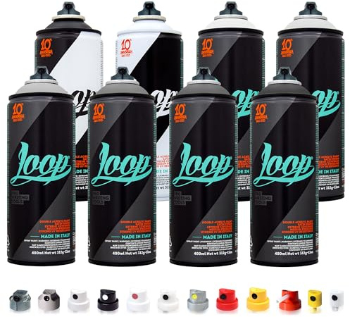Betterrun LOOP Sprühdosen Grau Set - 8 x 400ml Acryllack + 10x Sprühaufsätze - Graffiti Spray Cans