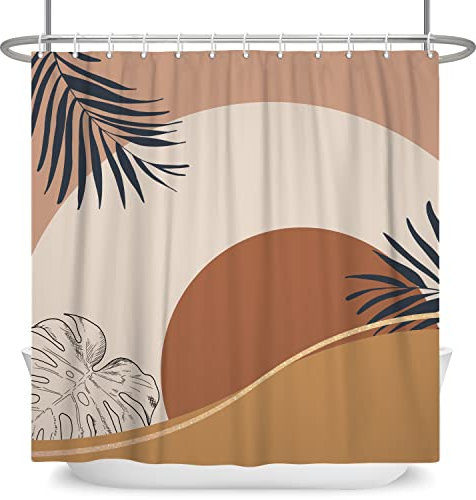 Ttincceer 180x180cm Abstrakt Mid Century Duschvorhang Abstrakt Hillside Pflanze Badezimmer Vorhang Palm Monstera Leaf Duschvorhänge Wasserdicht Badewanne Vorhang mit Haken