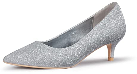 Zhabtuc Damen Pumps mit Kitten Heel, Sexy Spitz Niedrige Absätze 5 cm Absatzschuhe Geschlossene Pumps mit Kleinem Absatz Elegant Brautschuhe Büro Heel Schuhe, Silber 38.5EU