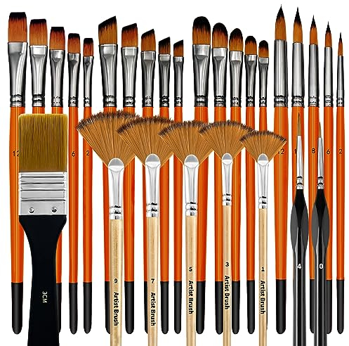 Bougimal Pinselset Acrylfarben, 28 Acryl Pinsel Set, Künstlerpinsel mit rund, eckig, flach, Fan Pinsel Set für Künstler und Anfänger zum Malen(Orange)