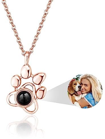 Easycosy Personalized Photo Projection Necklace Custom I Love You 100 Languages Dog Paw Pendant Jewelry Memorial Gifts with Picture Inside for Dog Lover Women Men(Rose Gold