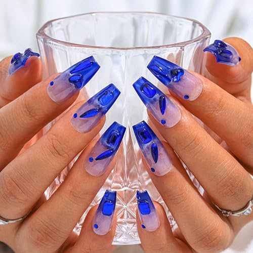 Sethexy Coeur 3D Long Cercueil Faux Ongles Cristaux Strass Bleu Faux Ongles Presse à la main dégradée sur l'ongle Ongles de qualité durable de salon pour les femmes et les filles