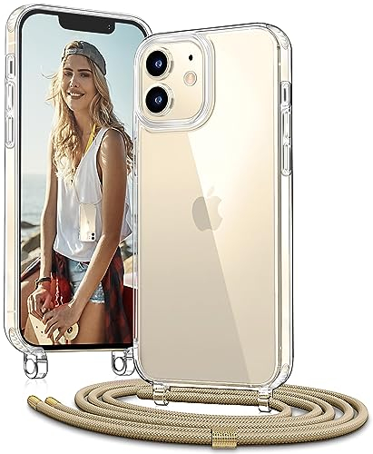 Vaykwo Handykette mit Band für Apple iPhone 12 Mini Hülle - Necklace Handyhülle - Transparente Case zum Umhängen mit Kameraschutz und Bildschirmschutz - Golden