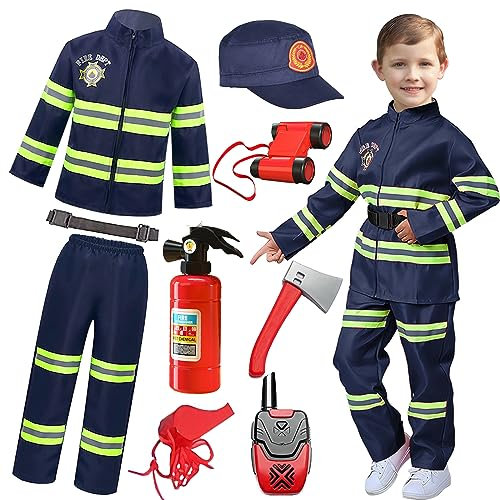 Kids Fireman Costume Fire Firefighter Dress-Up Set With Accessories Firefighter Toy Set Fire Outfit Pretend Play Toys For Boys And Girls Birthday Halloween Carnaval Cosplay Party 2-3 Years,01 Blue 100
