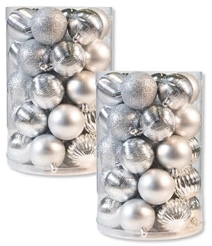 Kunststoff Weihnachtskugel Silber 2 Sets - 68 Stück Ø 6cm Deko Kugel Christbaumschmuck Mix Glitzer Matt Gemustert Glänzend