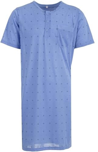 Lucky Herren Nachthemd Kurzarm Raute Punkt Tasche Schlafshirt Knöpfe Brusttasche, Farbe:hellblau, Größe:XXL
